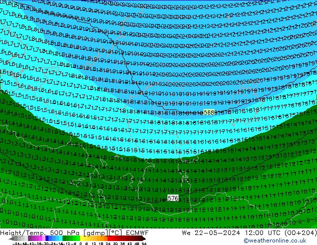 Height/Temp. 500 hPa ECMWF Mi 22.05.2024 12 UTC