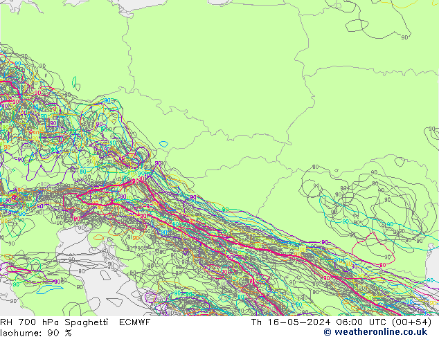 RH 700 hPa Spaghetti ECMWF Čt 16.05.2024 06 UTC