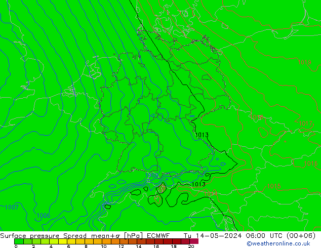 Presión superficial Spread ECMWF mar 14.05.2024 06 UTC
