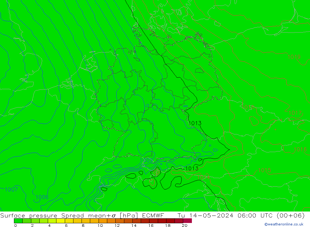 Presión superficial Spread ECMWF mar 14.05.2024 06 UTC