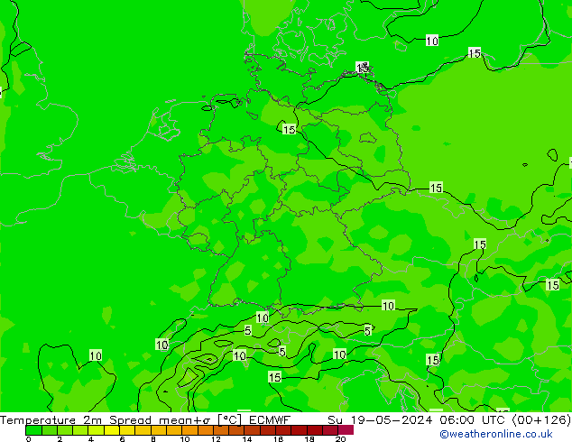 Temperatura 2m Spread ECMWF dom 19.05.2024 06 UTC