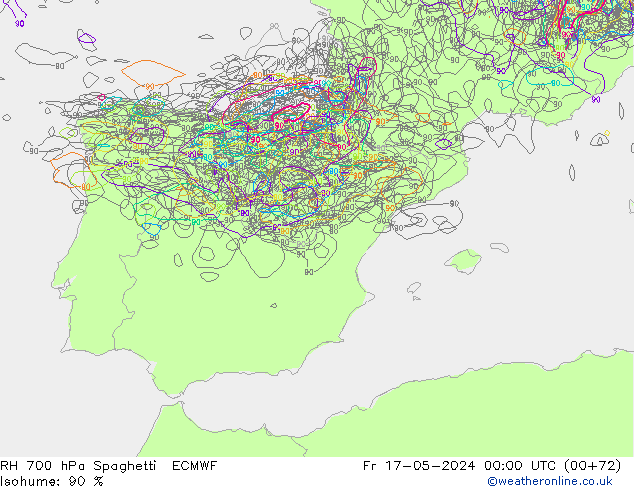 RH 700 hPa Spaghetti ECMWF Sex 17.05.2024 00 UTC
