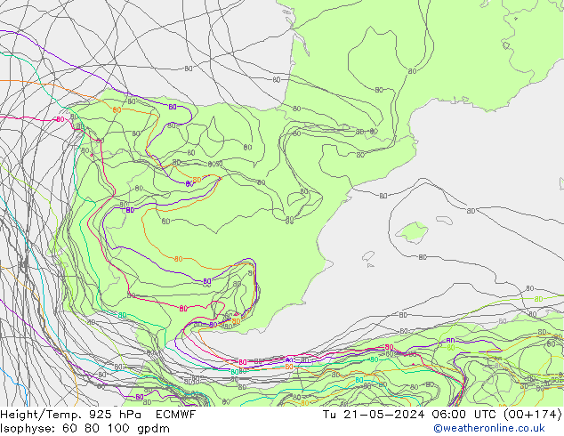 Yükseklik/Sıc. 925 hPa ECMWF Sa 21.05.2024 06 UTC