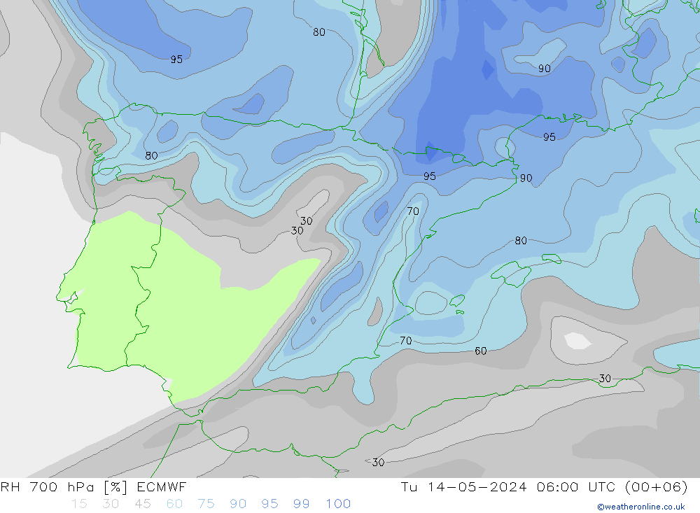 RH 700 hPa ECMWF mar 14.05.2024 06 UTC