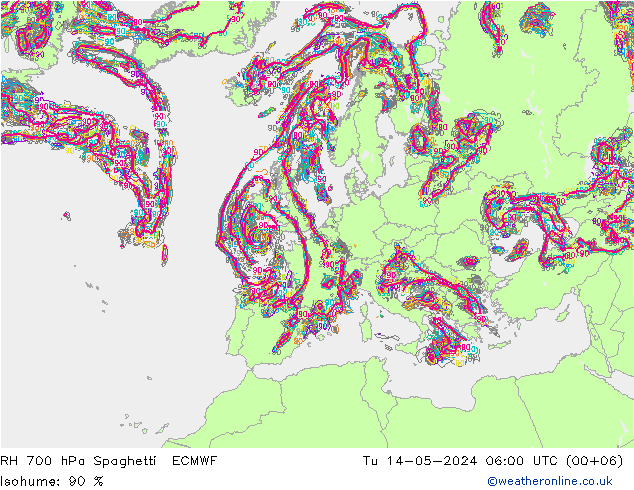 RH 700 hPa Spaghetti ECMWF Tu 14.05.2024 06 UTC