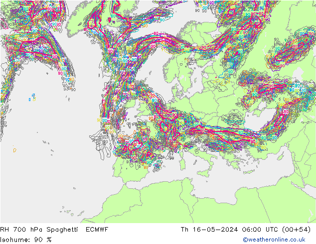 RH 700 hPa Spaghetti ECMWF Čt 16.05.2024 06 UTC