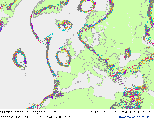 地面气压 Spaghetti ECMWF 星期三 15.05.2024 00 UTC