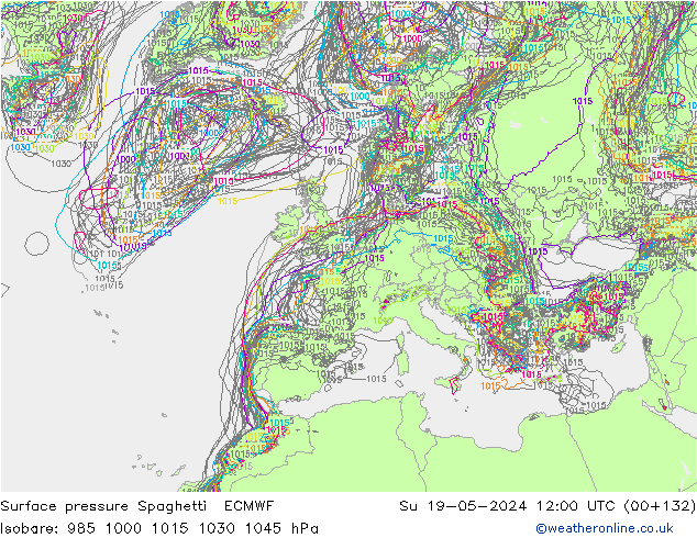 Surface pressure Spaghetti ECMWF Su 19.05.2024 12 UTC