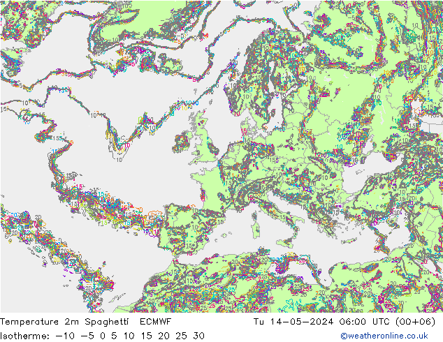 Temperature 2m Spaghetti ECMWF Tu 14.05.2024 06 UTC