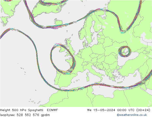 Height 500 hPa Spaghetti ECMWF 星期三 15.05.2024 00 UTC