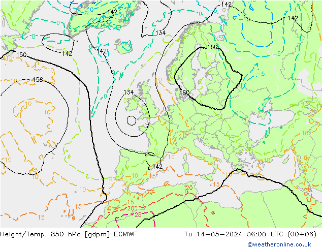 Géop./Temp. 850 hPa ECMWF mar 14.05.2024 06 UTC