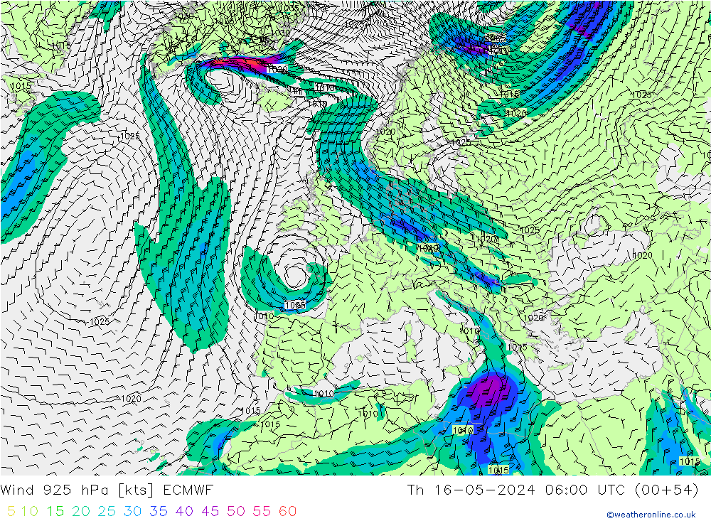 Wind 925 hPa ECMWF do 16.05.2024 06 UTC