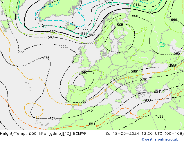 Height/Temp. 500 hPa ECMWF So 18.05.2024 12 UTC