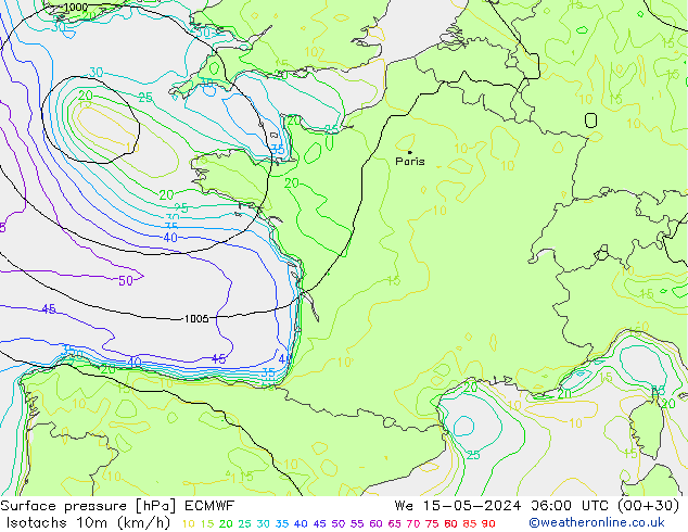 Izotacha (km/godz) ECMWF śro. 15.05.2024 06 UTC