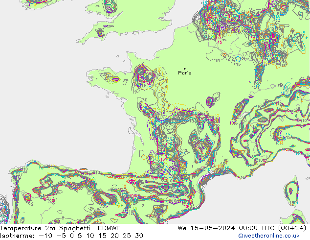Temperatura 2m Spaghetti ECMWF mer 15.05.2024 00 UTC