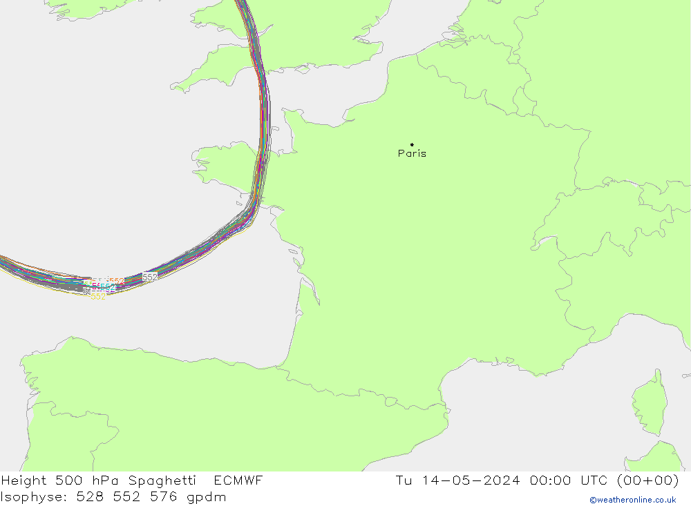 Height 500 hPa Spaghetti ECMWF Tu 14.05.2024 00 UTC