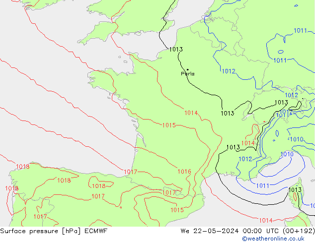 Presión superficial ECMWF mié 22.05.2024 00 UTC
