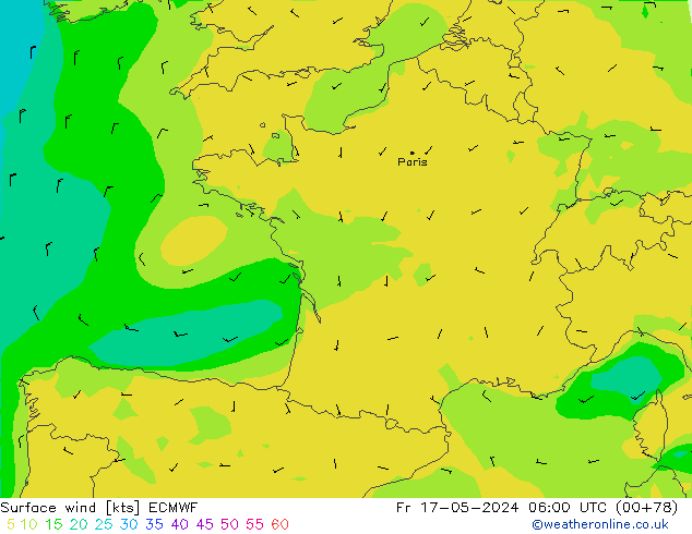Surface wind ECMWF Fr 17.05.2024 06 UTC