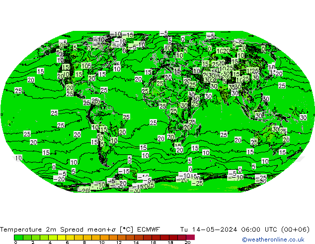 Temperatuurkaart Spread ECMWF di 14.05.2024 06 UTC