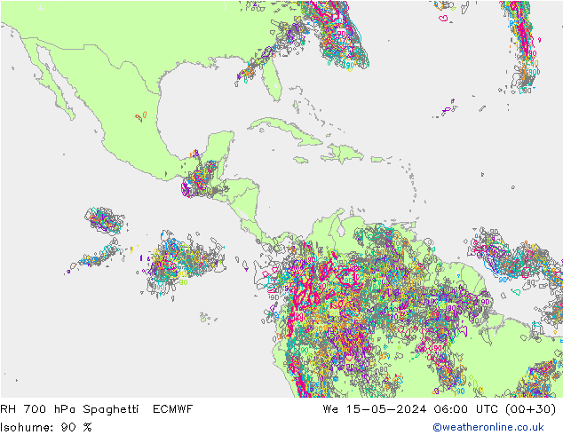 RH 700 hPa Spaghetti ECMWF We 15.05.2024 06 UTC