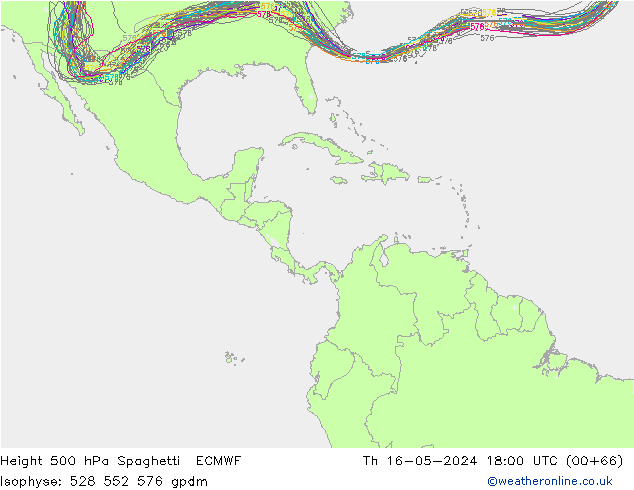 Geop. 500 hPa Spaghetti ECMWF jue 16.05.2024 18 UTC