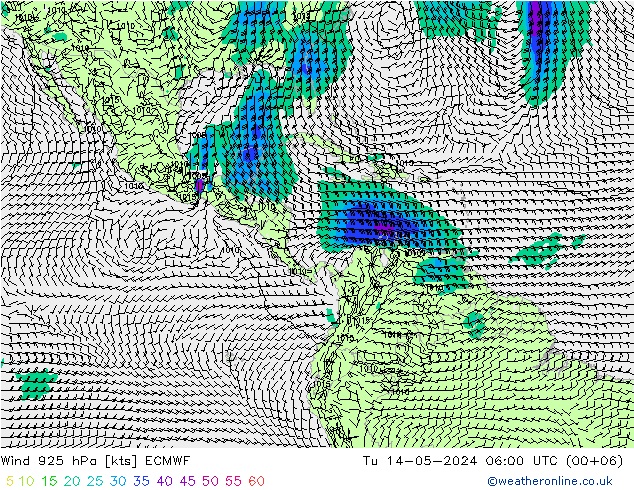 Wind 925 hPa ECMWF Út 14.05.2024 06 UTC