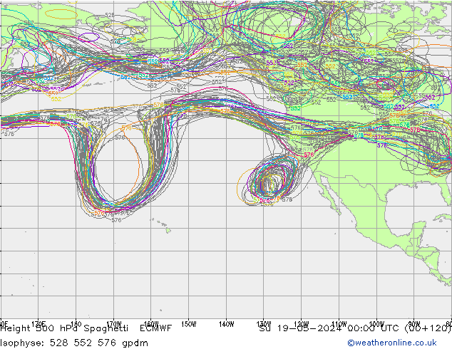 Height 500 hPa Spaghetti ECMWF Su 19.05.2024 00 UTC