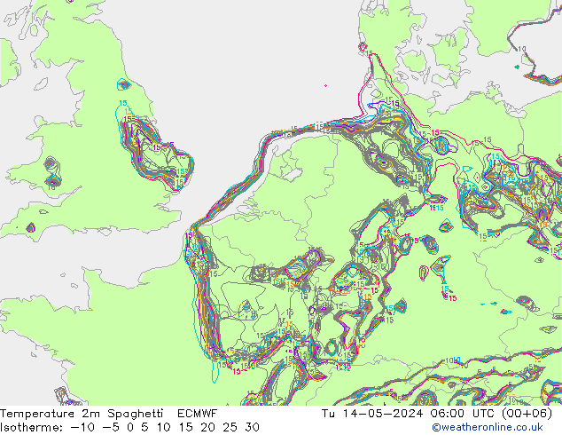 温度图 Spaghetti ECMWF 星期二 14.05.2024 06 UTC