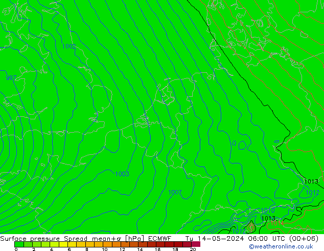 Surface pressure Spread ECMWF Tu 14.05.2024 06 UTC