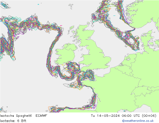 Isotachs Spaghetti ECMWF Tu 14.05.2024 06 UTC