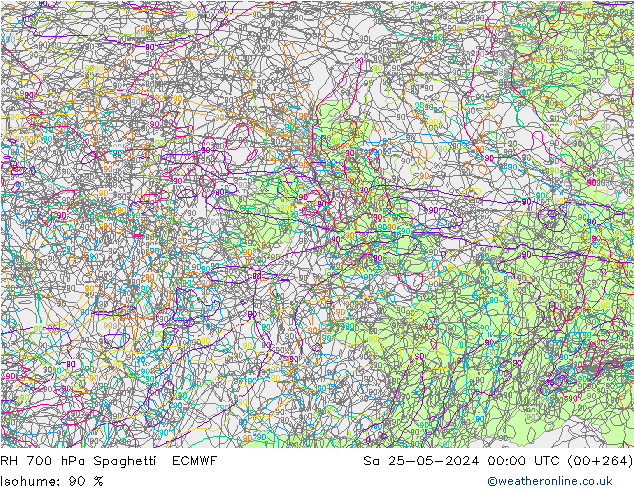 RH 700 гПа Spaghetti ECMWF сб 25.05.2024 00 UTC