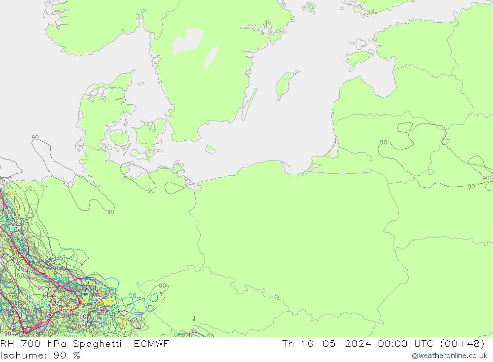 RH 700 гПа Spaghetti ECMWF чт 16.05.2024 00 UTC