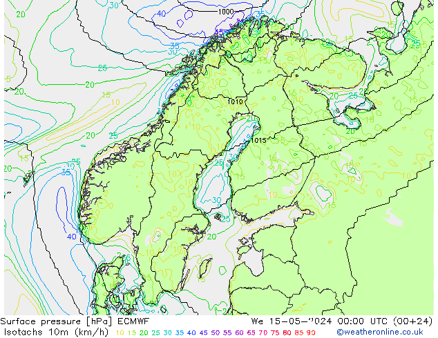 10米等风速线 (kph) ECMWF 星期三 15.05.2024 00 UTC