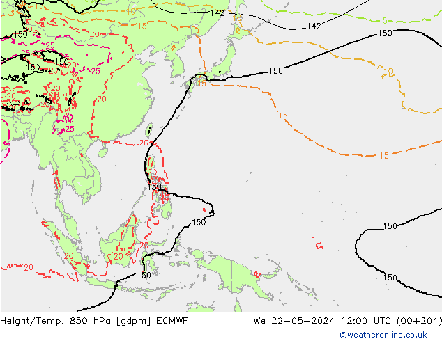 Hoogte/Temp. 850 hPa ECMWF wo 22.05.2024 12 UTC