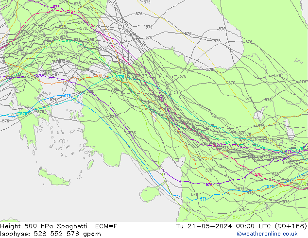 Height 500 гПа Spaghetti ECMWF вт 21.05.2024 00 UTC