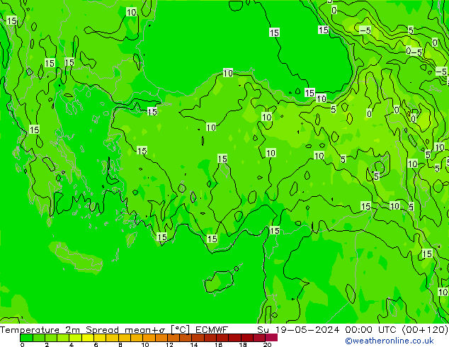 Temperature 2m Spread ECMWF Su 19.05.2024 00 UTC
