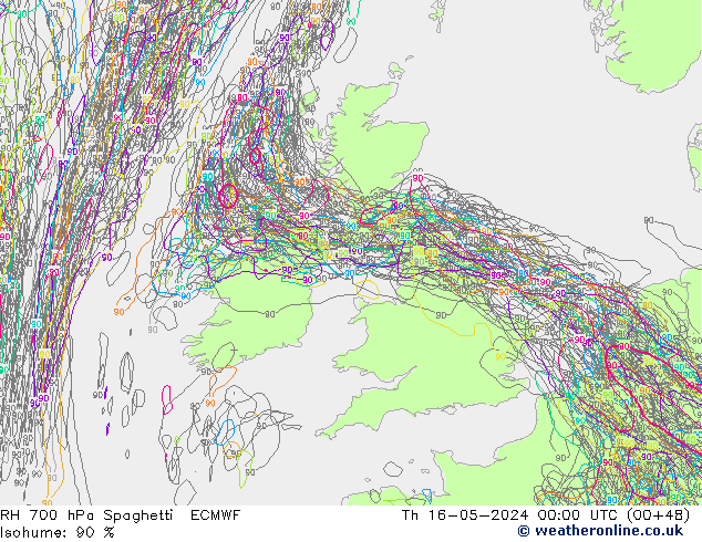 Humidité rel. 700 hPa Spaghetti ECMWF jeu 16.05.2024 00 UTC