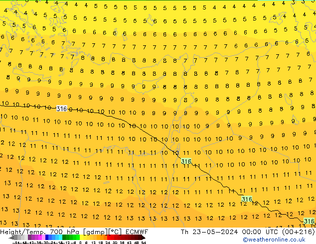 Yükseklik/Sıc. 700 hPa ECMWF Per 23.05.2024 00 UTC