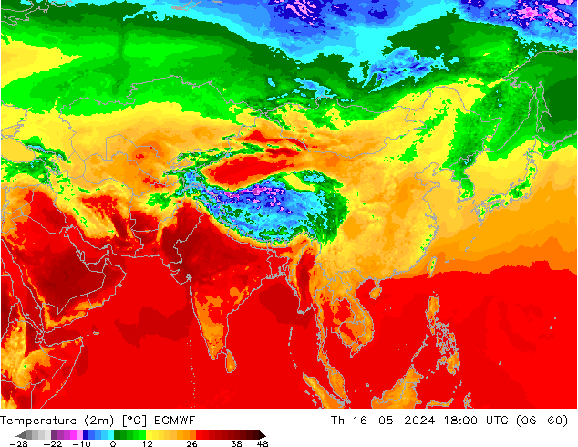 Temperatuurkaart (2m) ECMWF do 16.05.2024 18 UTC