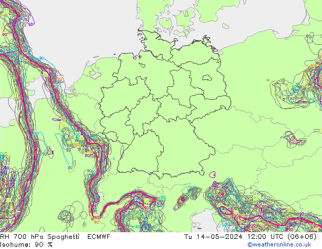 RH 700 гПа Spaghetti ECMWF вт 14.05.2024 12 UTC