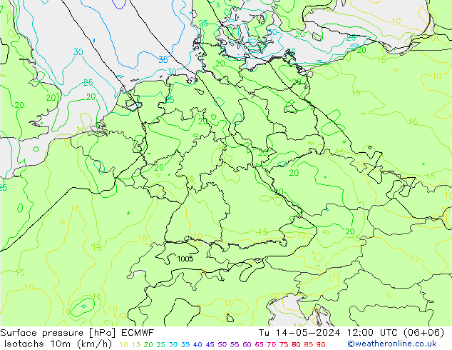Isotaca (kph) ECMWF mar 14.05.2024 12 UTC