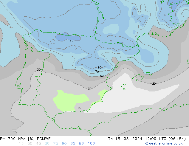 Humidité rel. 700 hPa ECMWF jeu 16.05.2024 12 UTC
