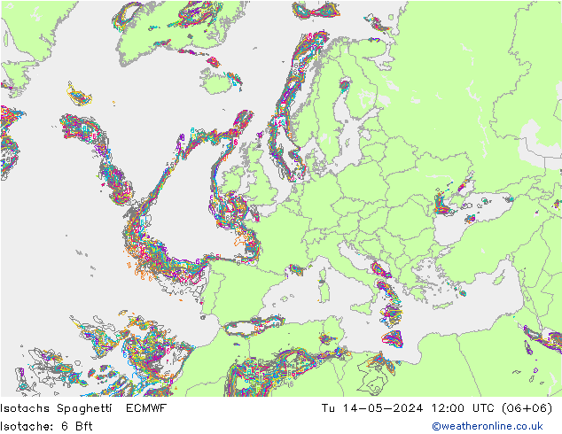 Isotachs Spaghetti ECMWF Út 14.05.2024 12 UTC