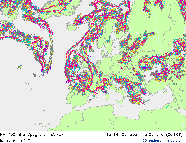 RH 700 hPa Spaghetti ECMWF Tu 14.05.2024 12 UTC