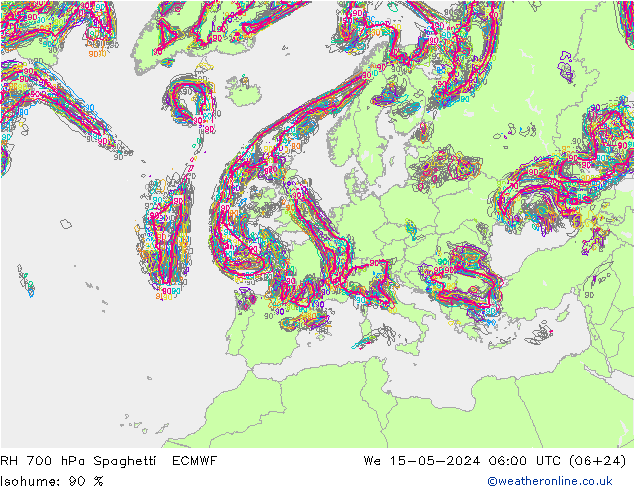 RH 700 hPa Spaghetti ECMWF 星期三 15.05.2024 06 UTC