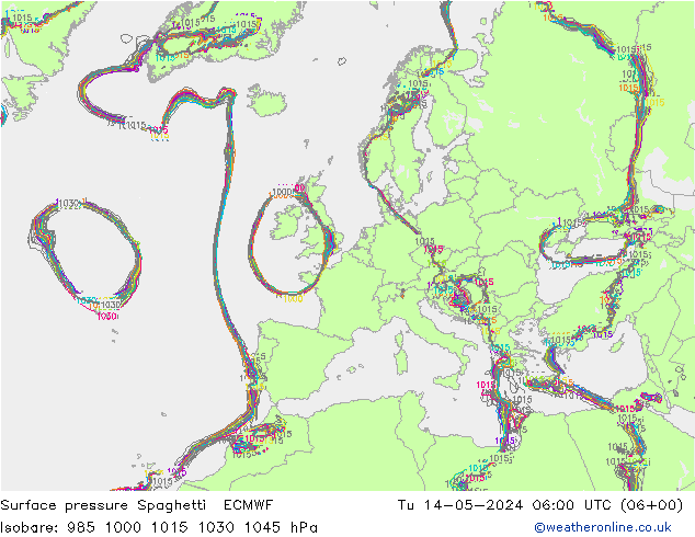 Surface pressure Spaghetti ECMWF Tu 14.05.2024 06 UTC