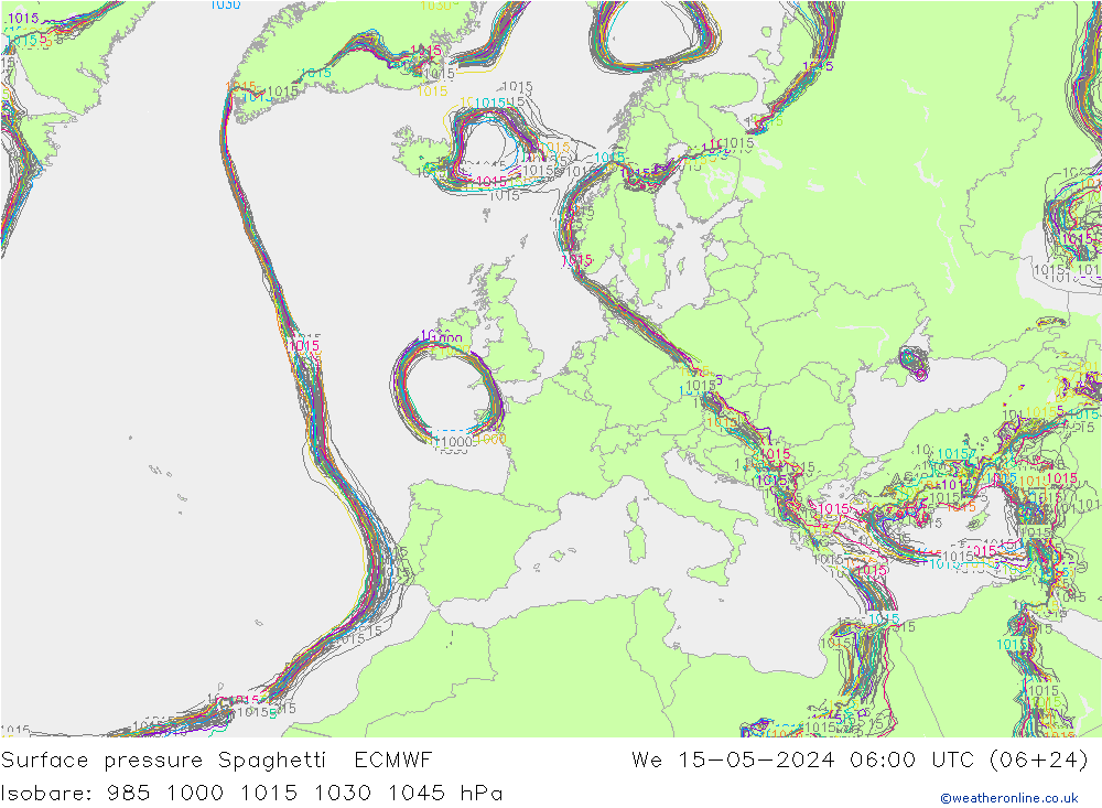 Surface pressure Spaghetti ECMWF We 15.05.2024 06 UTC