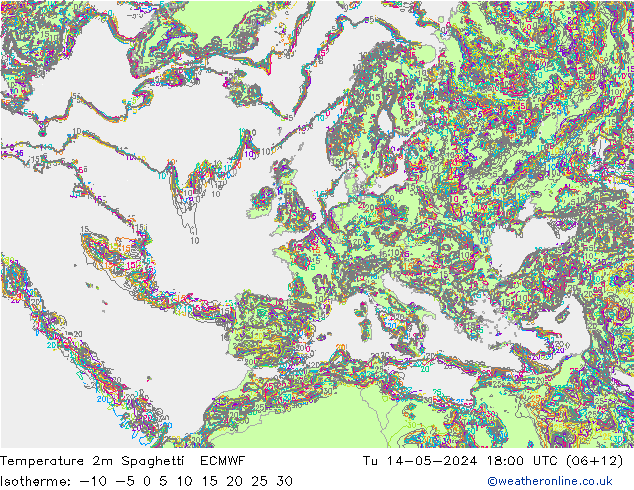 Temperature 2m Spaghetti ECMWF Út 14.05.2024 18 UTC