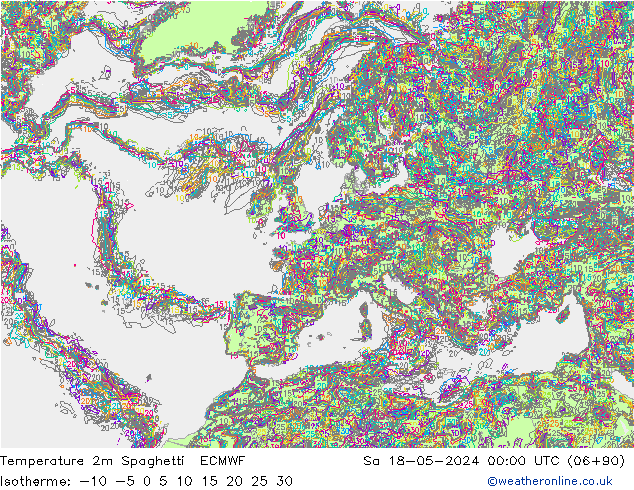 Temperatura 2m Spaghetti ECMWF sab 18.05.2024 00 UTC