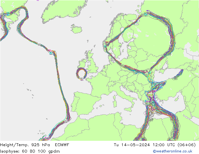 Height/Temp. 925 hPa ECMWF Út 14.05.2024 12 UTC